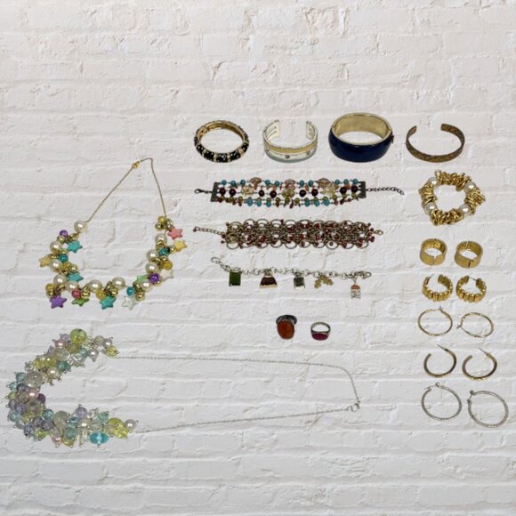 Jewelry - JEWELRY BUNDLE -- 17 Pieces, Necklaces, Cuffs, Bracelets, Hoop Earrings, Rings